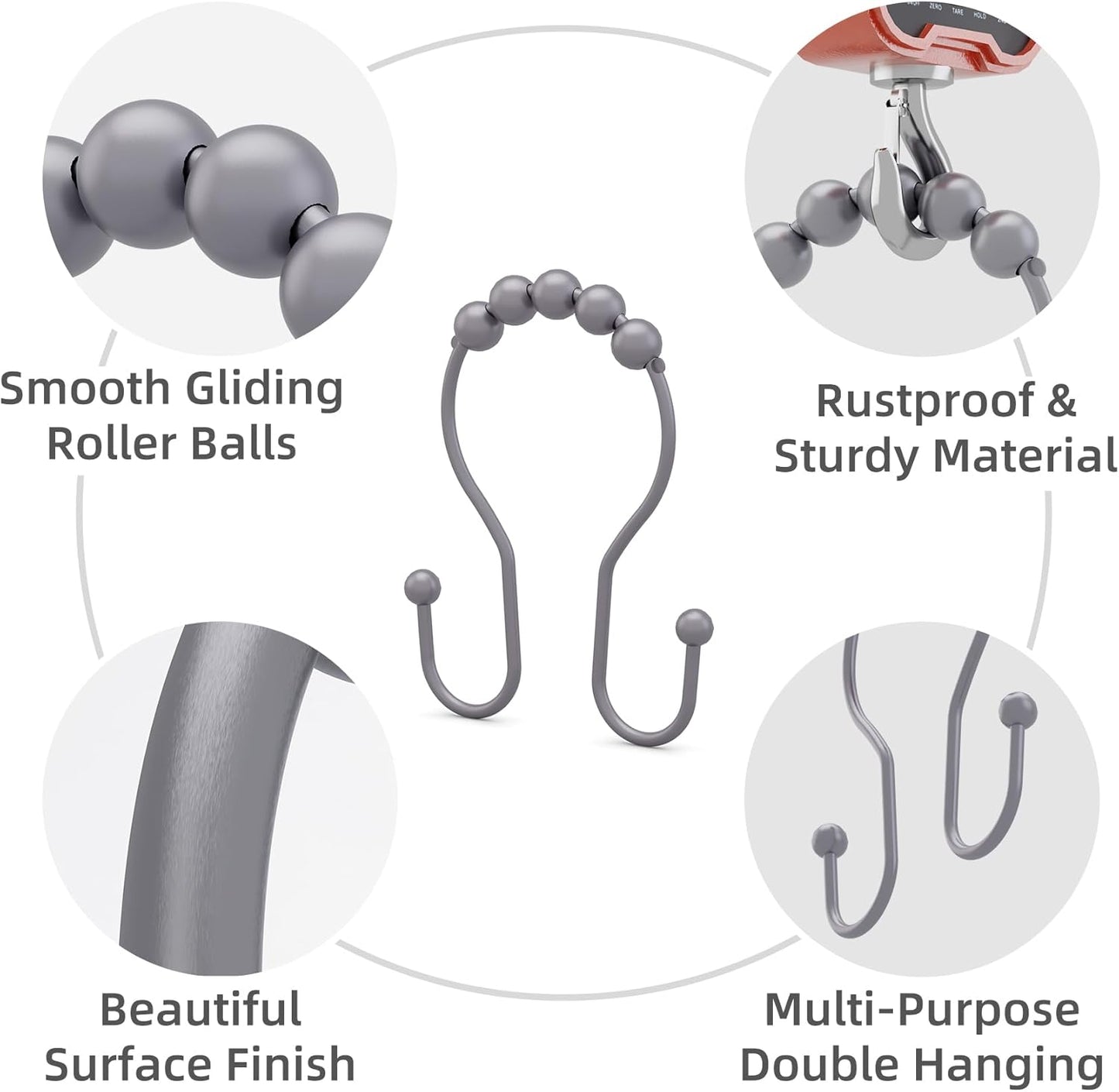 Shower Curtain Hooks, Shower Curtain Rings Rust Proof Double Hook Shower Curtain Hooks, 12 Pcs Grey Shower Hooks for Shower Curtain, Shower Rings for Curtain, Metal Shower Rod Hooks