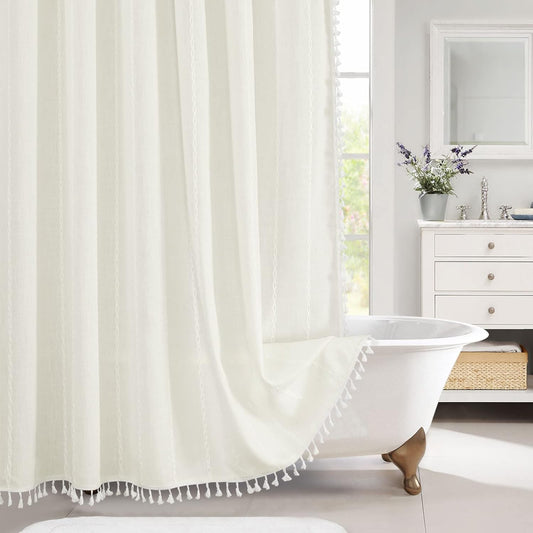 MitoVilla Boho Farmhouse Fabric Shower Curtain Set, Ivory Polyester Linen Shower Curtains for Vintage Rustic Bathroom Decor, Modern Neutral Wrinkle Resistant Cloth Shower Curtain, 72 x 72