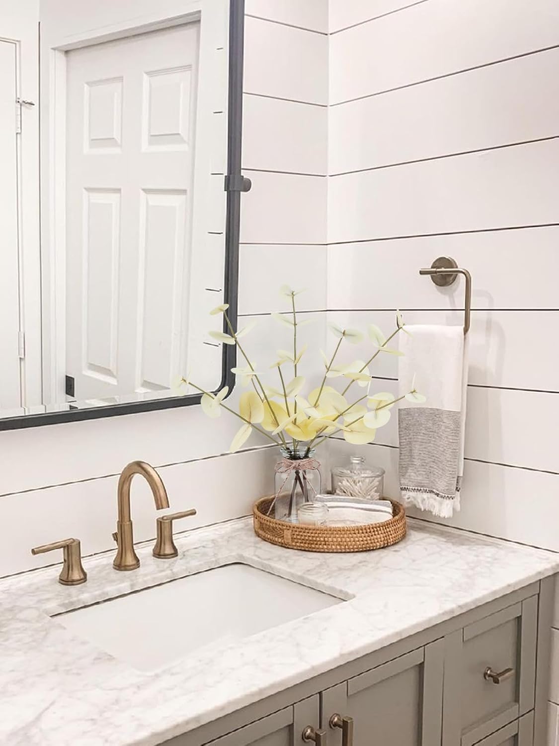 Artificial Eucalyptus Stems in Glass Vase with Faux Water, 14" Fake Plants for Home Decor, Coffee Table Centerpieces, Office, Bathroom & Farmhouse Weddings - Faux Plants Decorations