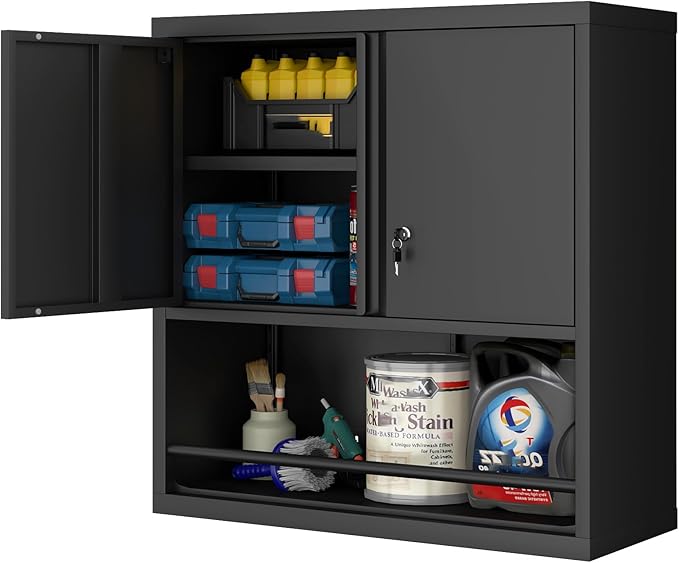 LUCYPAL Garage Storage Cabinet with Locking Doors and Shelves,Black Metal Wall Cabinets for Garage,Floating Upper Storage Cabinet for Warehouse/Basement/Kitchen/Home Office