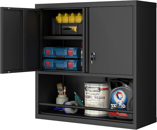 LUCYPAL Garage Storage Cabinet with Locking Doors and Shelves,Black Metal Wall Cabinets for Garage,Floating Upper Storage Cabinet for Warehouse/Basement/Kitchen/Home Office