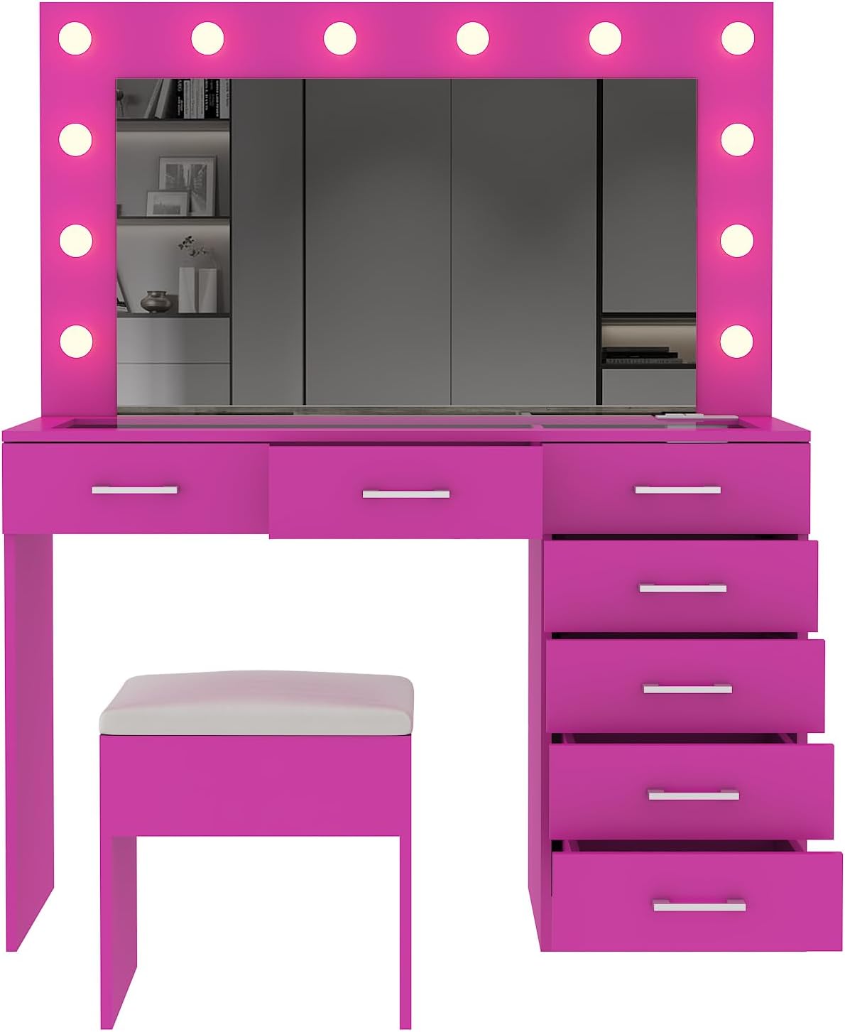Karl home Vanity Desk with Large Lighted Mirror & Powre Outlet, Glass Tabletop Makeup Vanity Set with 7 Drawers, 45.3" Vanity Table with 3 Color Lighting Modes, Dressing Table for Women Girls, Pink