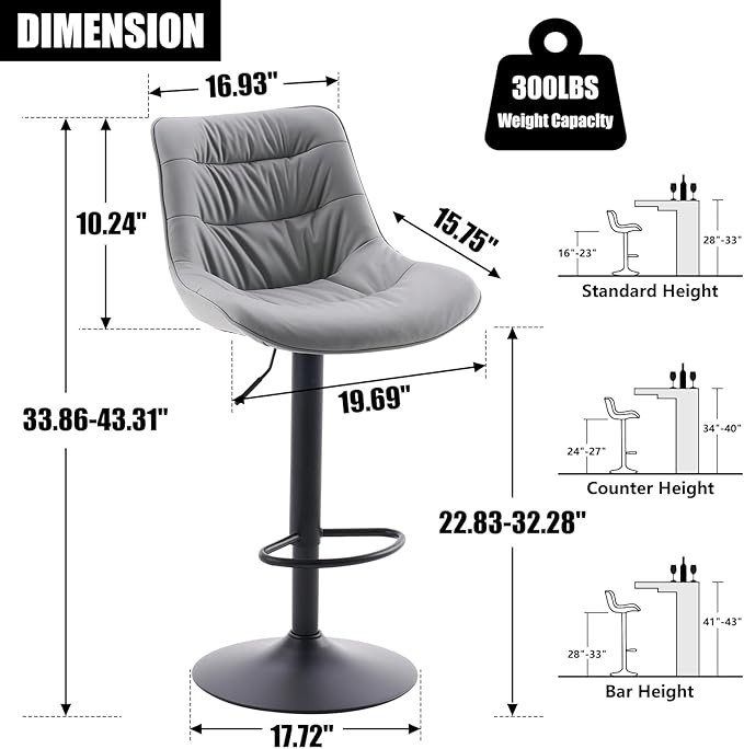 Kidol & Shellder Bar Stools Set of 2 Adjustable Swivel Gray, PU Leather Upholstered with Back, Modern Counter Height Stools for Kitchen Island, Home Bar