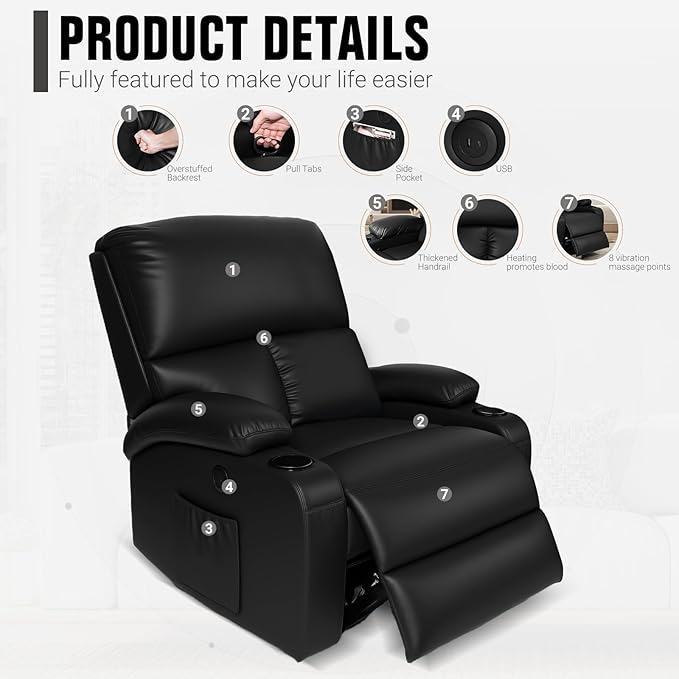 Home Theater Seating,RV Recliner Sofa with Massage and Heat,Manual RV Recliner Loveseat with USB/Cup Holders and Side Pocket for Living Room,Black