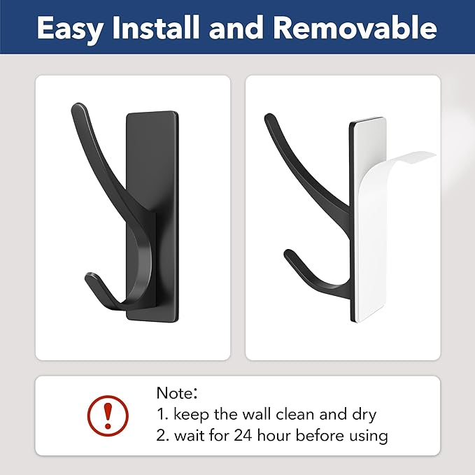 Self Adhesive Coat Hooks for Hanging: Heavy Duty Stainless Wall Hook for Towel, Backpack, Hat, Sturdy Metal Hanger for Bathroom, Bedroom, Door, 4-Pack, Matt Black