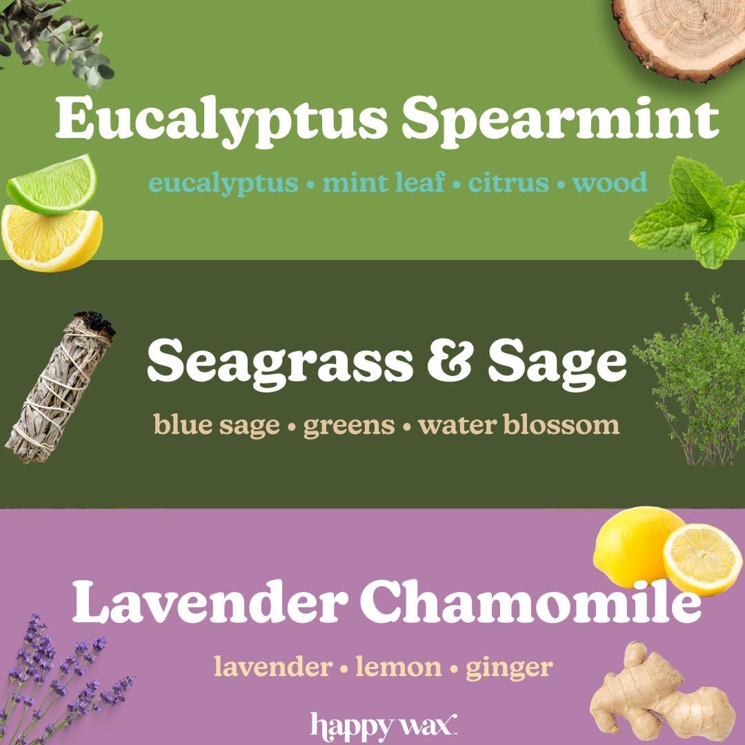 Happy Wax Spa Mix Premium Scented Natural, Non Toxic Soy Wax Melts – 6 Total Oz. of Scented Wax Melts. Includes: Seagrass & Sage, Lavender Chamomile, and Eucalyptus Spearmint