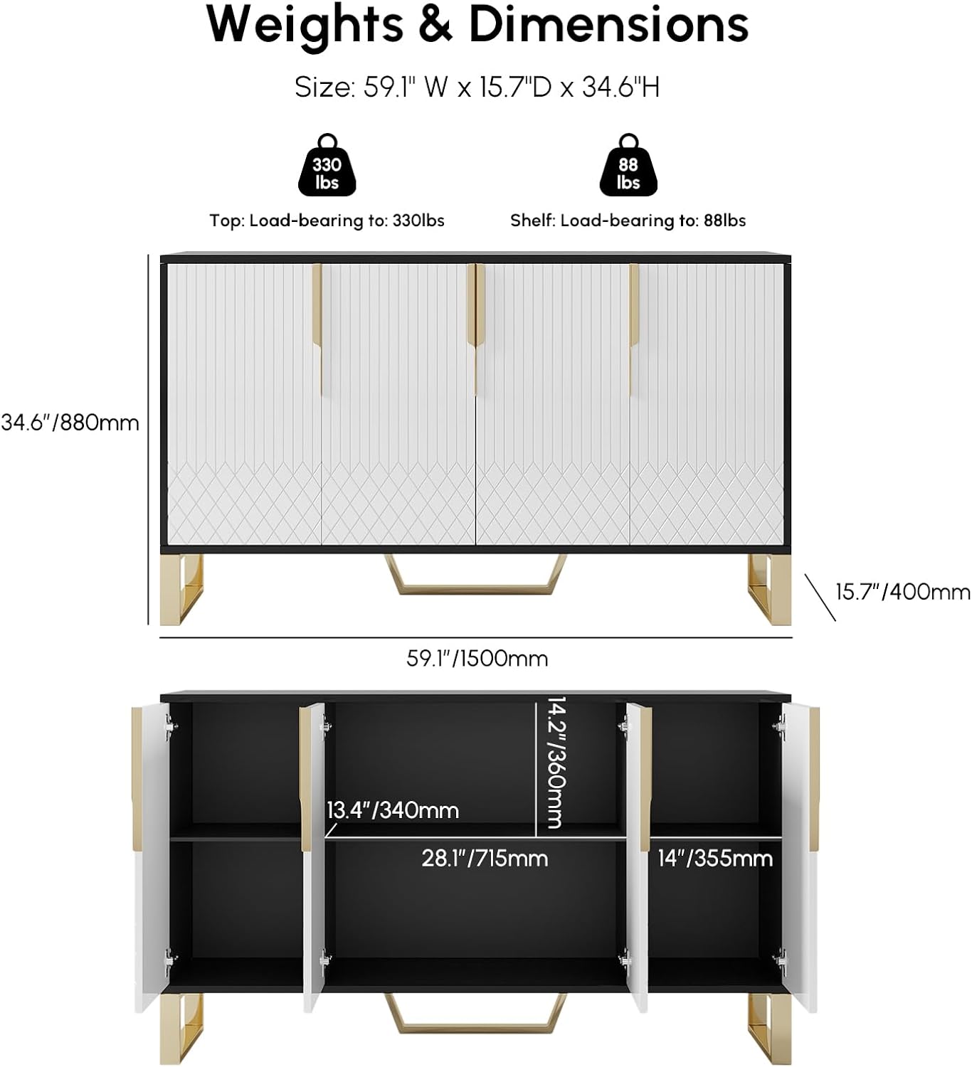 homary 59" Buffet Sideboard Cabinet with Storage – Modern Kitchen Server Table with 4 Doors & Adjustable Shelves, Stainless Steel Frame for Dining Room, Living Room, Entryway