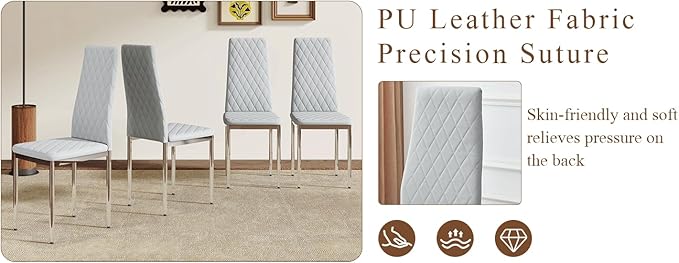 JT Modern Minimalist Dining Chair Fireproof Leather Sprayed Metal Pipe Diamond Grid Pattern Restaurant Home Conference Chair Set of 4 Or 6 (4, Gray Brown)