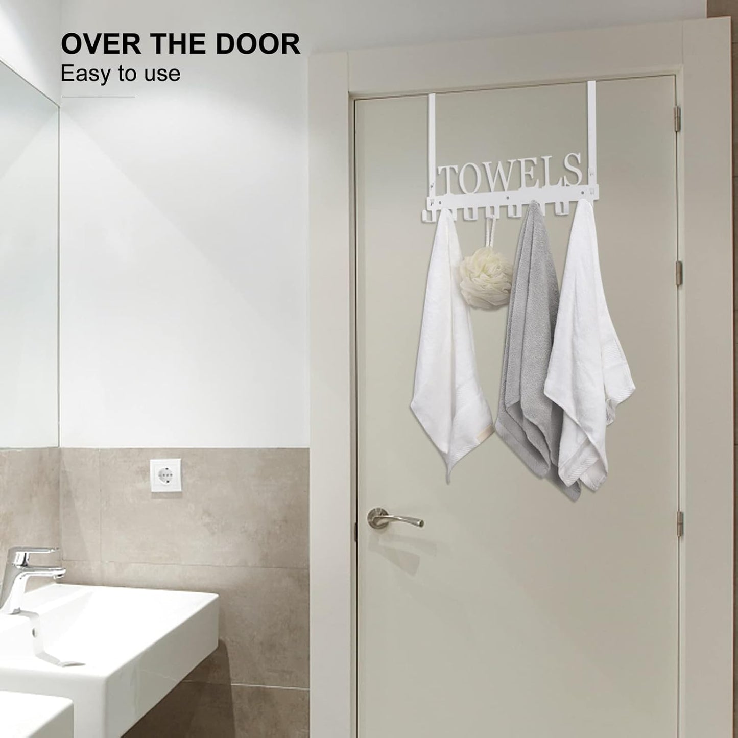 Over The Door Hooks, Towel Rack for Bathroom Towel Holder for Hanging Heavy Duty, Wall Mount Towel Hanger with 8 Hooks for Bedroom Bathroom Kitchen Towels,White