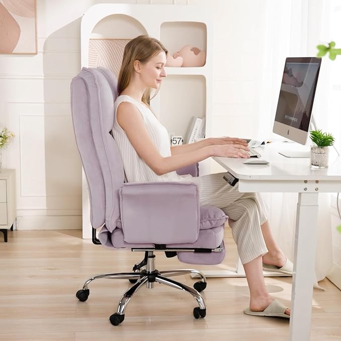 Office Chair, Modern Home Office Desk Chairs with Wheels and Retractable Footrest, Adjustable Backrest Velvet High Back Office Chair, Computer Chairs for Bedroom (Light Purple)