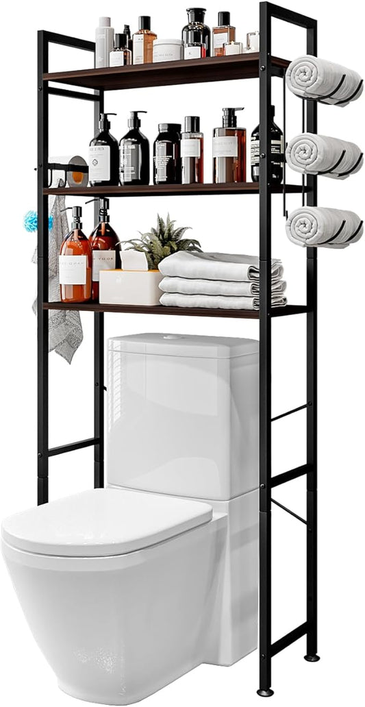 Over The Toilet Storage Rack 3 Tier Bathroom Organizer Shelf Over Toilet Freestanding Space Saver Toilet Stands with 10 Hooks Multifunctional (BlackOak)