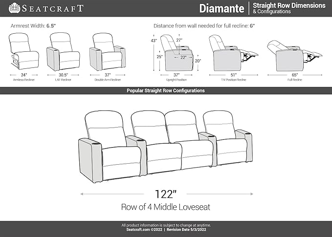 Seatcraft Diamante - Home Theater Seating - Living Room - Power Recline - Italian Leather - Powered Headrests - Cupholders - USB Charging - Ambient Lighting, Red, Row of 4 Middle Loveseat