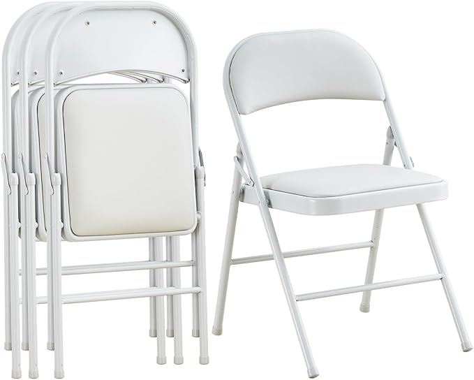 KAIHAOWIN 4-Pack Vinyl-Padded Folding Chair Metal Frame Heavy Duty Foldable Chair with Backrest&Padded Seats for Dining Meetings Wedding Events-White