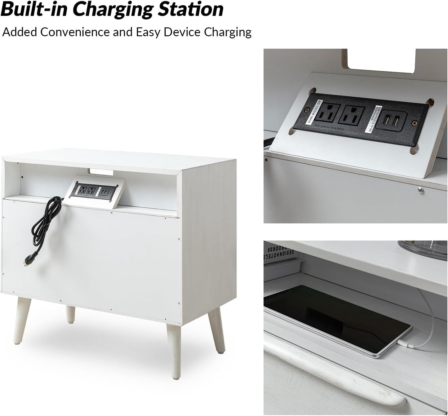 HULALA HOME Nightstand with Charging Station, Mid-Century Modern 2 Drawer and Open Shelf Dresser for Bedroom, Fluted Bedside Table, White