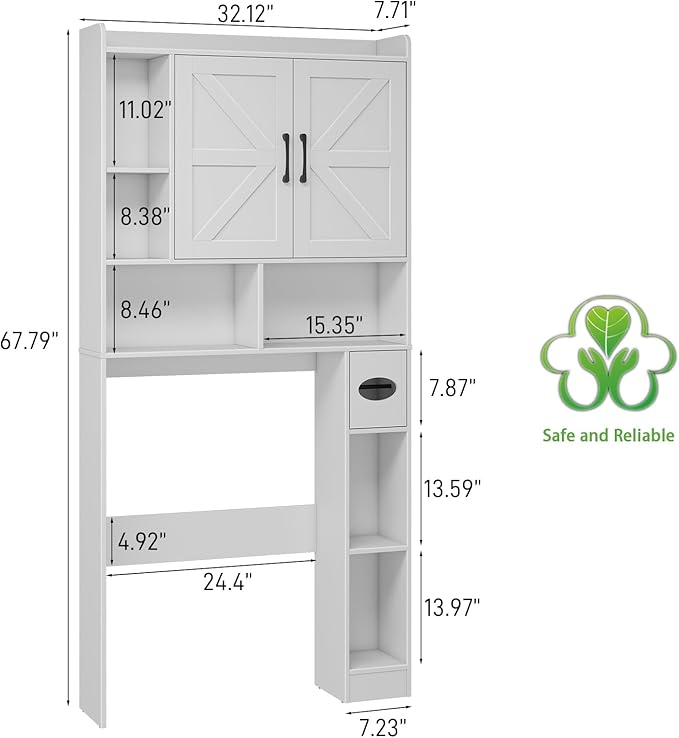 Over The Toilet Storage Cabinet, Farmhouse Storage Cabinet Over Toilet with 2 Barn Door & Toilet Paper Holder Stand，Home Space-Saving Toilet Rack, for Bathroom, Restroom, Laundry