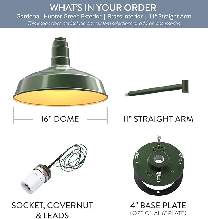 Steel Lighting Co. Gardena Barn Light | Outdoor Wall Mounted | 16" Dome | 11" Straight Arm | Farmhouse Light Made in America | Hunter Green Exterior/Brass Interior