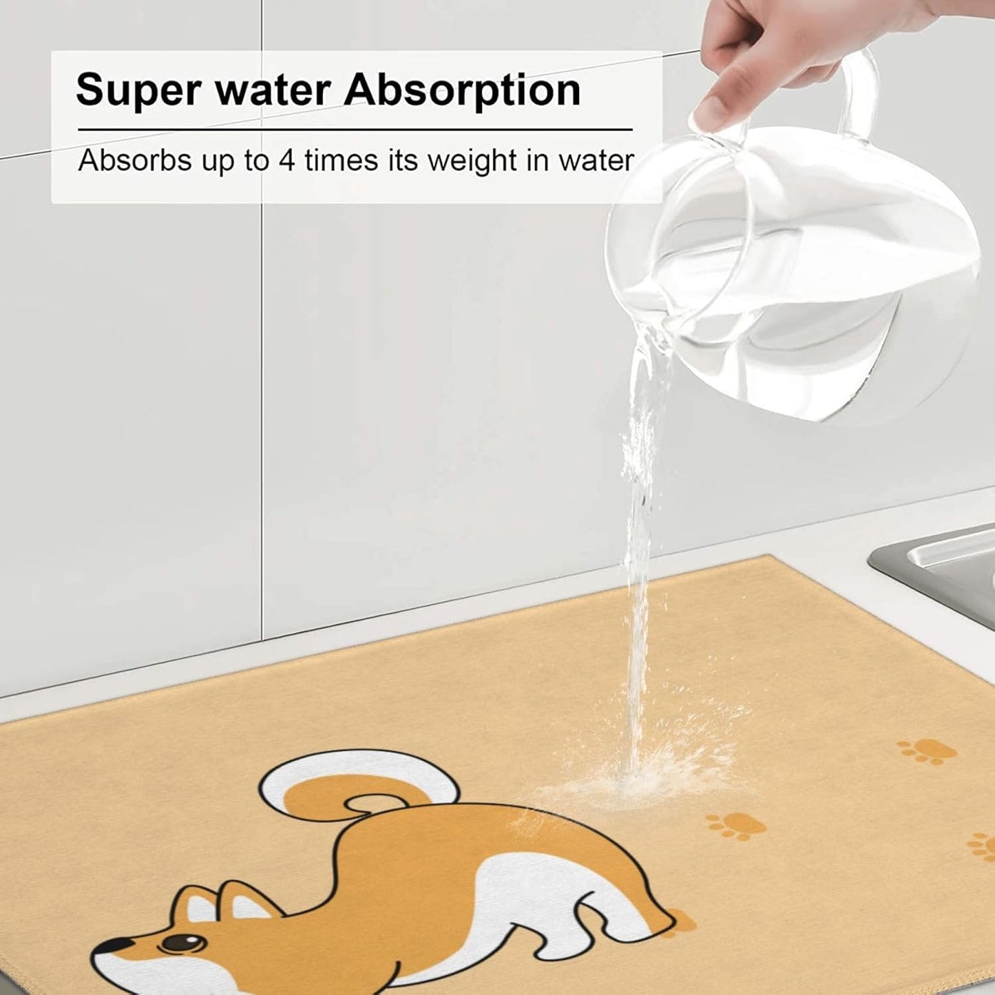 Cute Yellow Dog Paw Print Dish Drying Mat 18x24 For Kitchen Counter Absorbent Microfiber Dishes Pad Dish Drainer Rack Mats Fast Dry Kitchen Accessories