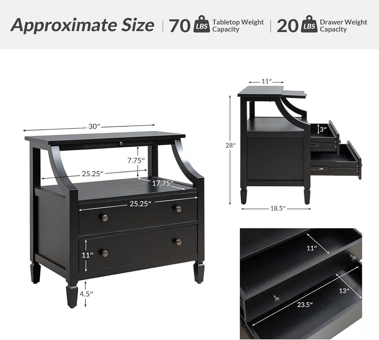 HULALA HOME Large Farmhouse Nightstand with Charging Station, Mid-Century Modern 2 Drawer Dresser, Bedside Table with Pull Out Shelf and Hidden Storage Space for Bedroom, Black