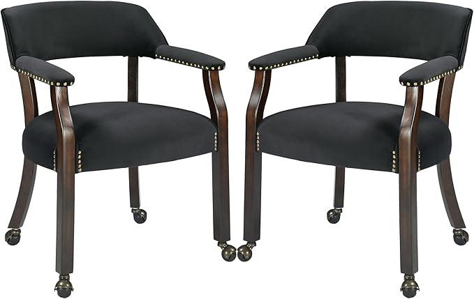 MODERION Dinning Chairs with Wheels and Arms Set of 2, Solid Wood Office Desk Chairs with Frosted Velvet Upholstered, Classic Swivel Accent Chairs,31.5" H Boss Caption's Chair, Black XXY-HT22-BK