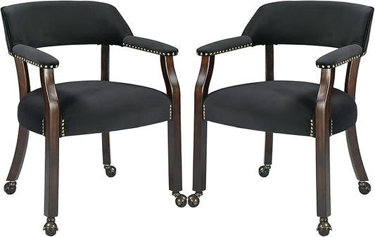 MODERION Dinning Chairs with Wheels and Arms Set of 2, Solid Wood Office Desk Chairs with Frosted Velvet Upholstered, Classic Swivel Accent Chairs,31.5" H Boss Caption's Chair, Black XXY-HT22-BK