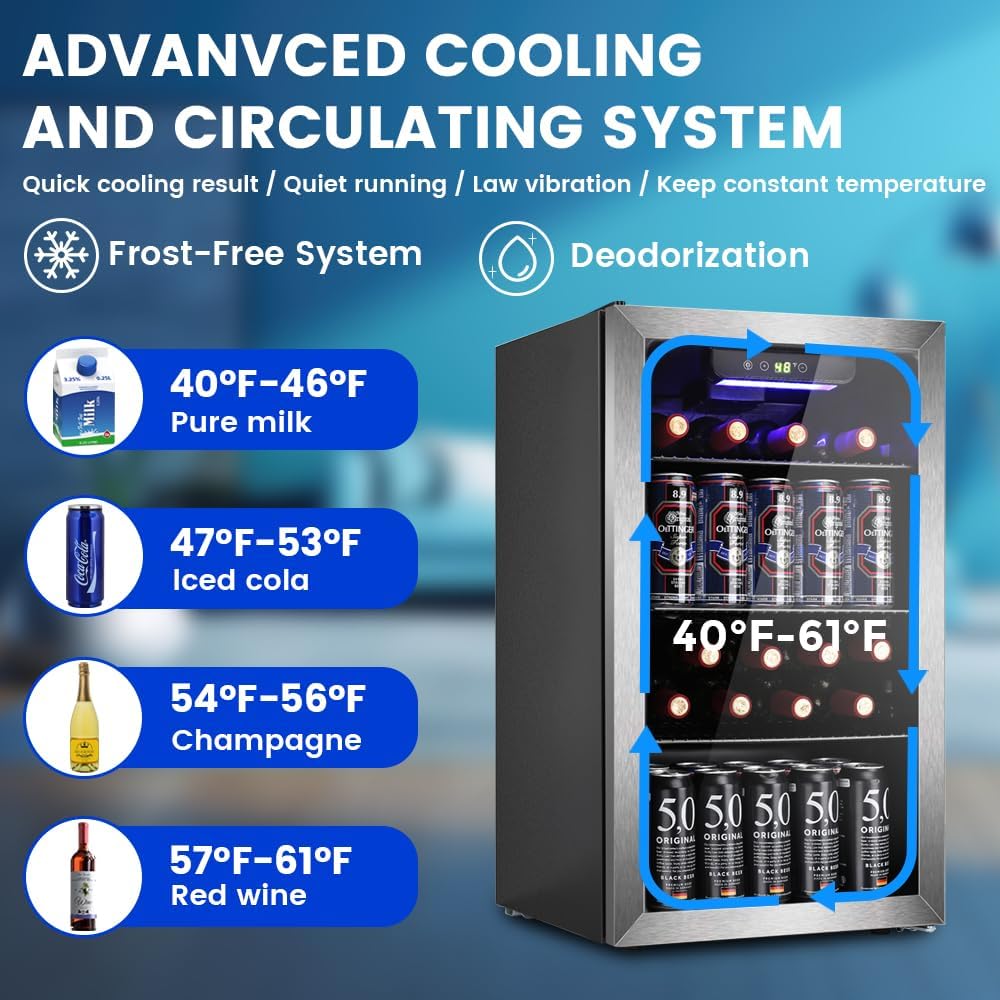 Mini Fridge 130 Can Beverage Refrigerator Cooler, 3.2 Cu.Ft Drink Fridge forSoda Wine Beer, Digital Temperature Control Cooler for Home, Dorm, Bar