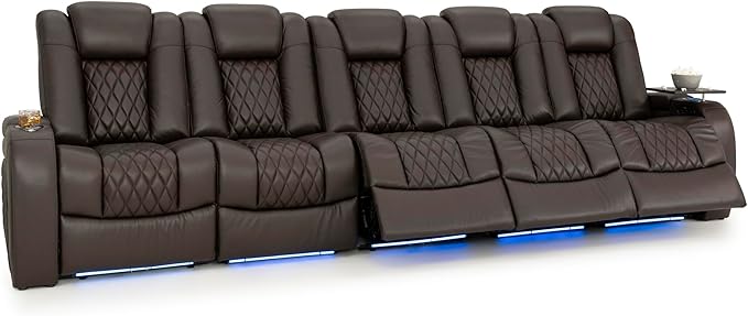 Seatcraft Diamante Zero-Gravity CoolZero Italian Leather Home Theater Seating, Power Headrest, Power Recline, Row of 5 Sofa, Brown