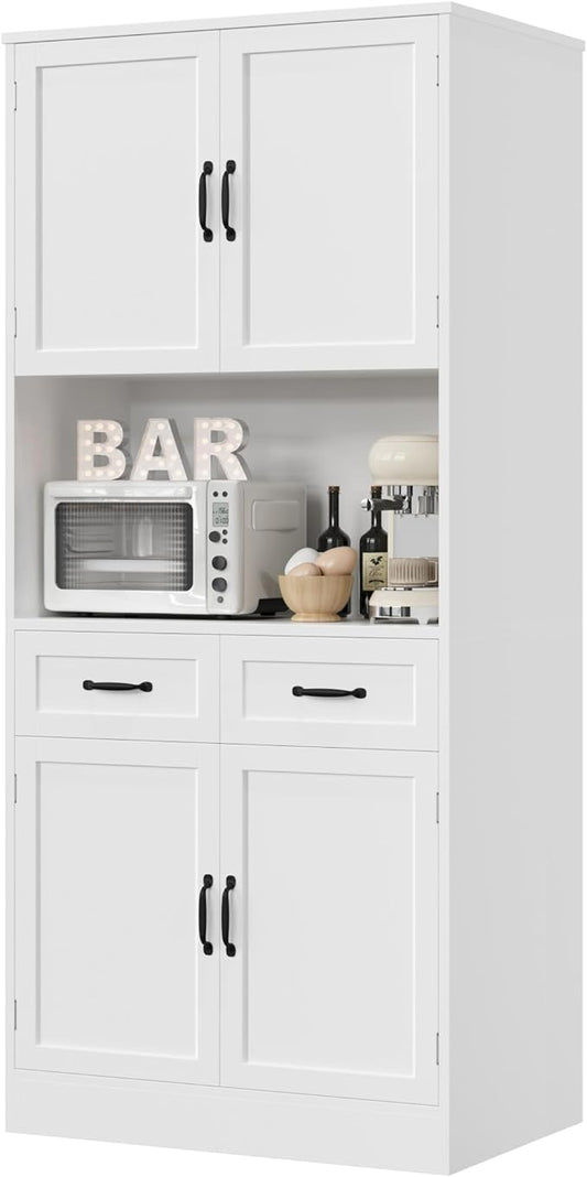 HOSTACK 71“ Tall Kitchen Pantry Storage Cabinet, Modern Kitchen Hutch Bar Cabinet with Microwave Stand, Wood Buffet Sideboard with Hutch, Cupboard with Drawers, Shelves for Dining Room, White