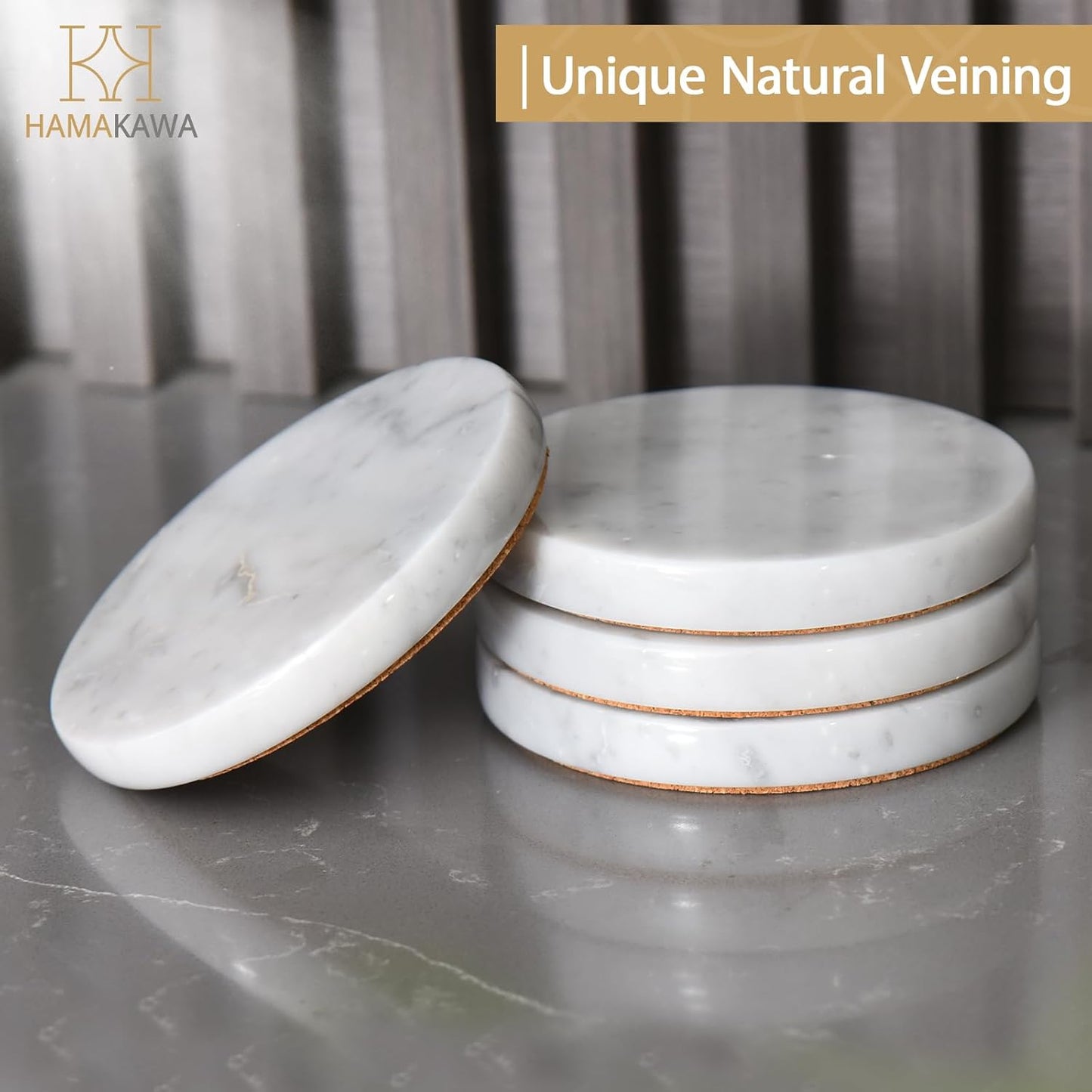 Real Natural Marble Coasters Set of 4, Carrara White Limestone 4 Inch, Modern Round Stone, Trendy Drink Coasters for Coffee Table, Kitchen Decor, Office