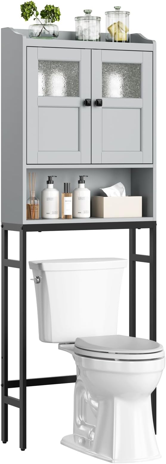 Over The Toilet Storage Cabinet, Bathroom Organizer Over Toilet with Double Doors and Soft Hinges Above Toilet Bathroom Storage Shelf Over The Toilet Storage (Gray)