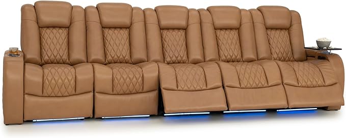 Seatcraft Diamante Zero-Gravity CoolZero Italian Leather Home Theater Seating, Power Headrest, Power Recline, Row of 5 Sofa, Tan Oak