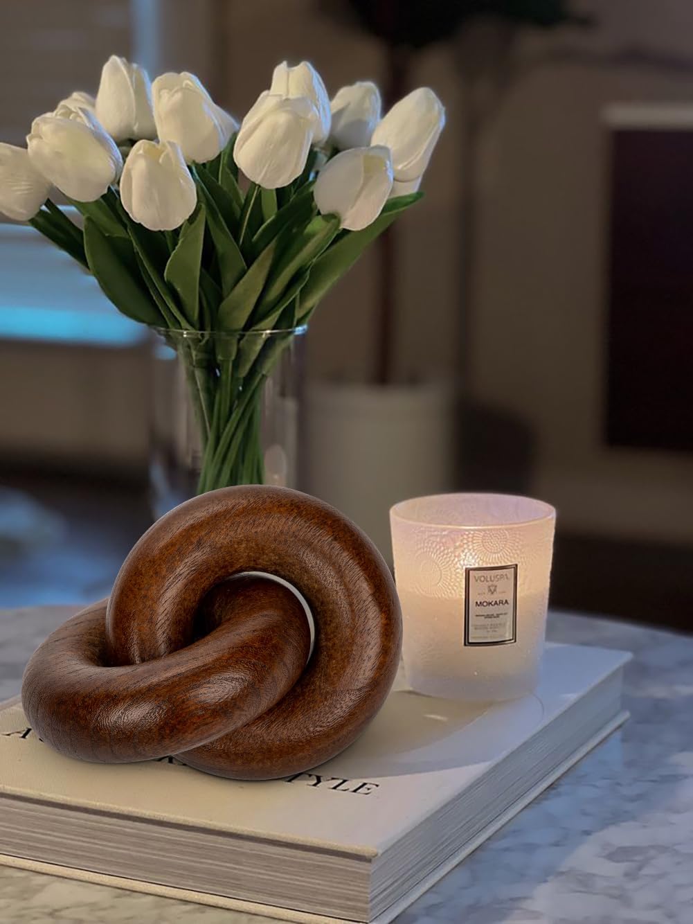 Table Decor Handcrafted Wooden Knot Sculpture Decor – Modern Nordic Style Decorative Accent for Home, Office, Shelf, and Console Table – Dark Walnut Finish, 7"x4.7"