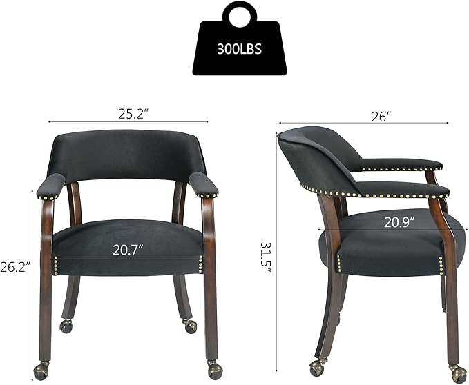 MODERION Dinning Chairs with Wheels and Arms Set of 8, Solid Wood Office Desk Chairs with Frosted Velvet Upholstered, Classic Swivel Accent Chairs, 31.5" H Boss Caption's Chair, Black, XXY-HT22-BK