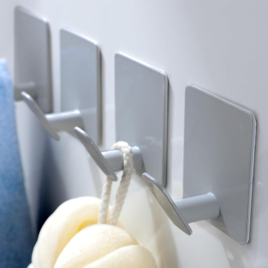 DELITON Stick On Wall Hooks 4 Packs, Towel Hanger for Bathroom Kitchen, No Damage, Stainless Steel, Heavy Duty, Light Gray