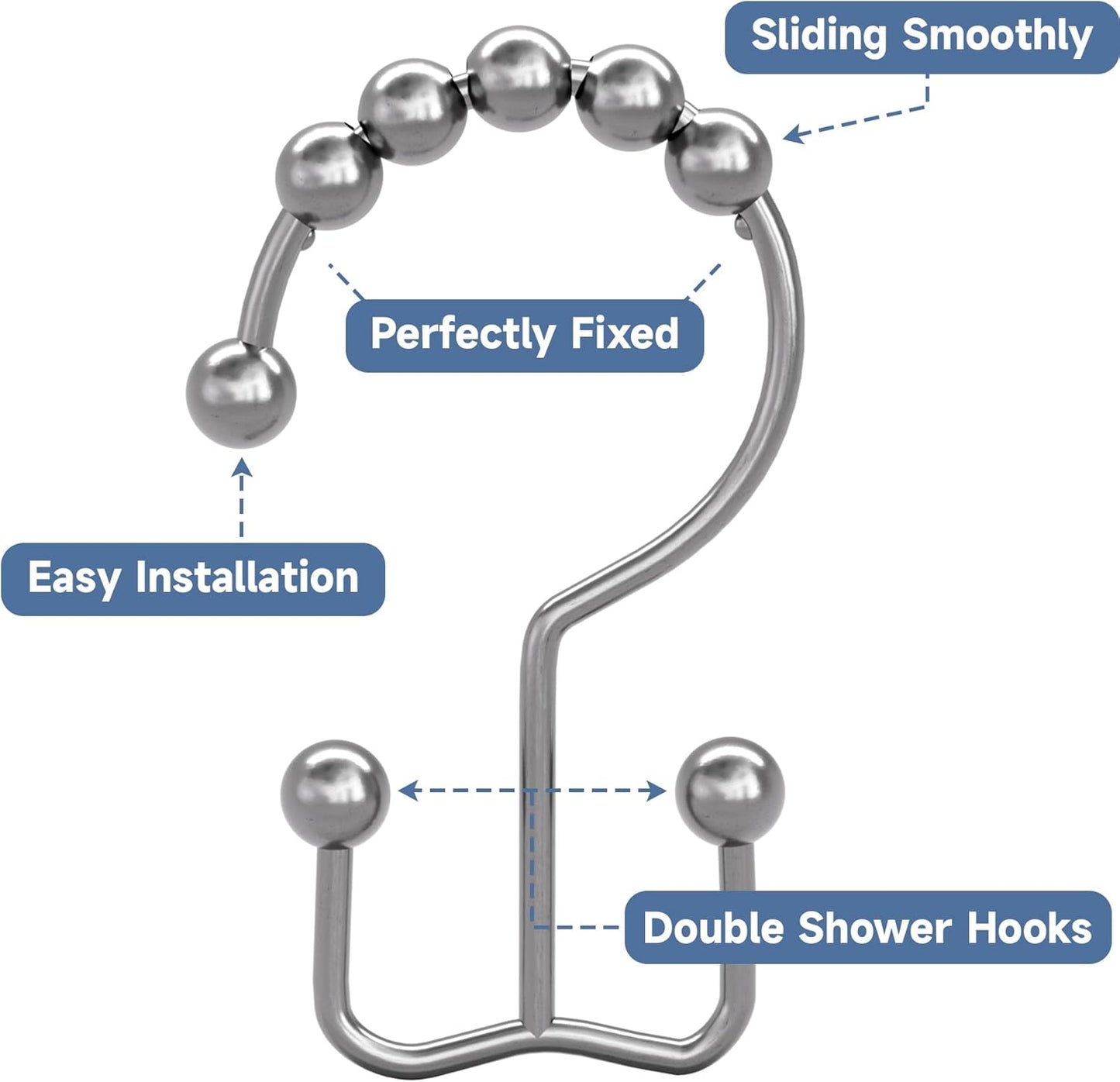 Titanker Shower Curtain Hooks Rings, Rust-Resistant Metal Double Glide Shower Hooks for Bathroom Shower Rods Curtains, Set of 12 Hooks - Chrome