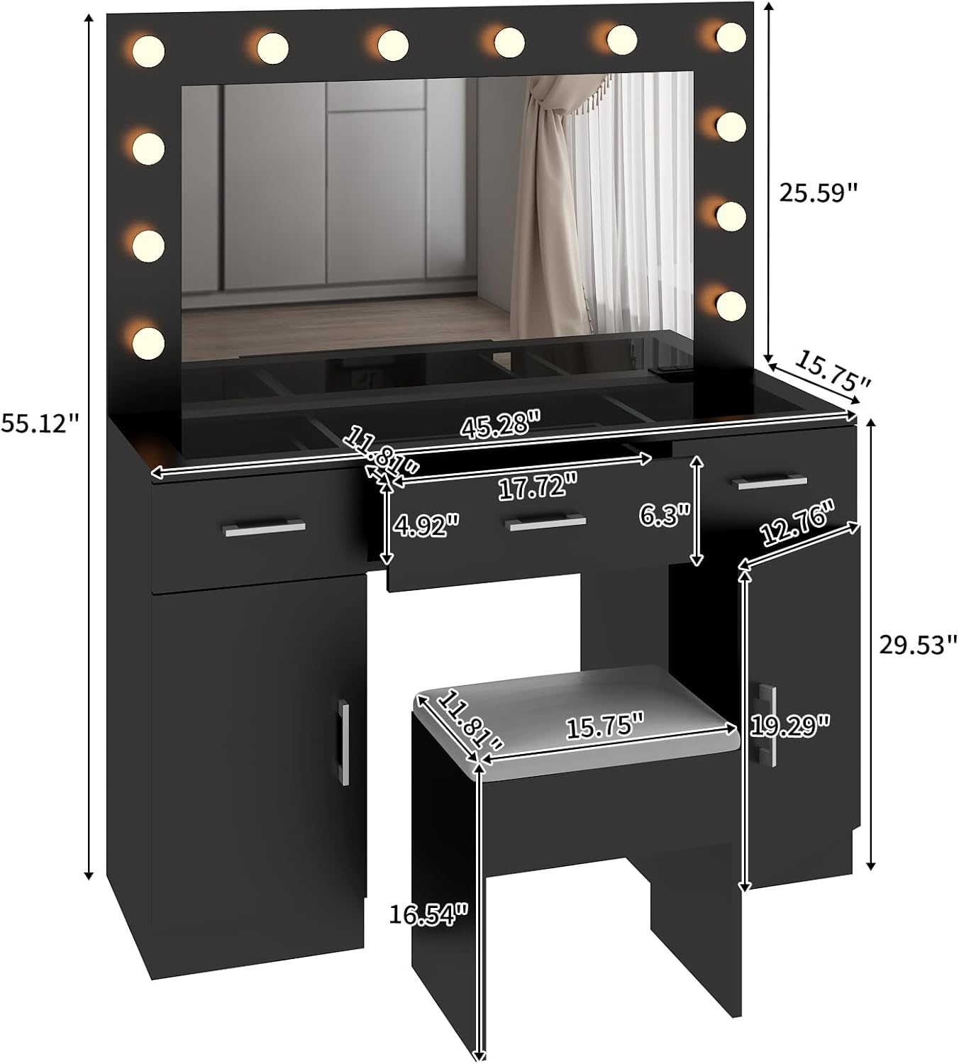 Karl home Vanity Desk with Large Lighted Mirror & Powre Outlet, Glass Tabletop Makeup Vanity Set with 3 Drawers & 2 Cabinet, 45.3" Make up Dressing Table with 12 Lights for Bedroom, Black