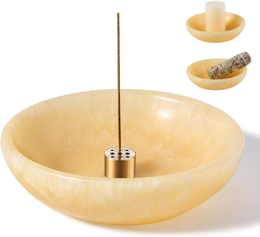 Koville Natural Onyx Incense Holder, Incense Holder for Sticks with 9 Holes, Handmade Incense Burner Ash Catcher for Meditation Yoga SPA, Balsam Fir/Palo Santo/Sage/Cone Incense Bowl(Orange)
