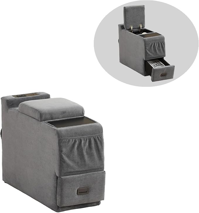 Recliner Side Table for Power Recliner Chair, Home Theater Seating Electric Recliing Sofa with Massage & Heat, Cup Holder, USB Port, LED Ambient Light, Storage (Grey, Console Table Only)