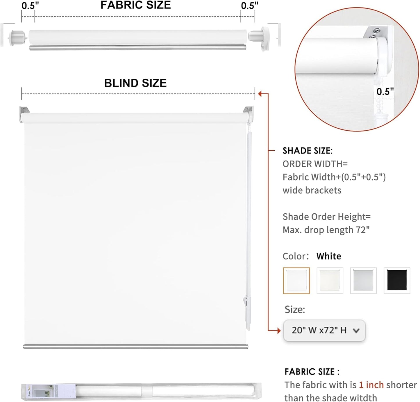 Homebox 50% Blackout Light Filtering Blinds for Windows,Room Darkening Roller Shades Roll up and Pull Down Blind Shades for Home Office 23" W×72" H White