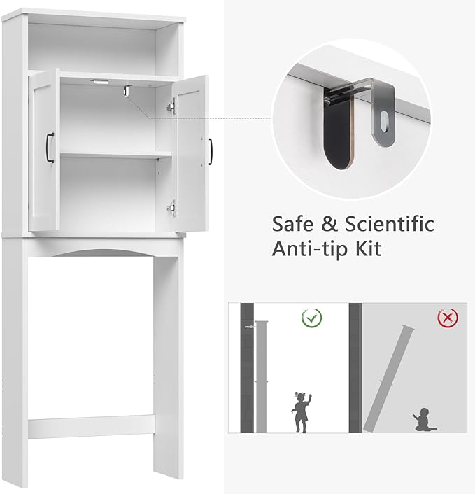 Over The Toilet Storage Cabinet, Over Toilet Bathroom Organizer with Adjustable Shelf and Double Doors, Space Saver Shelf Above Toilet Storage Cabinet (White)