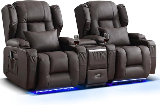Wall Hugger Power Recliner Chair, Home Theater Seating Electric Recliing Sofa with Massage & Heat, Cup Holder, USB Port, LED Ambient Light, Storage for Living Room (Brown, 2 Chairs + Console)
