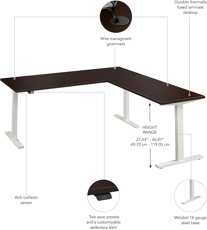 Bush Business Furniture 72-inch Height Adjustable L Shaped Standing Desk, Electric Sit-Stand Corner Computer Table, Ergonomic Office, Move 60 Series, Mocha Cherry with White Base