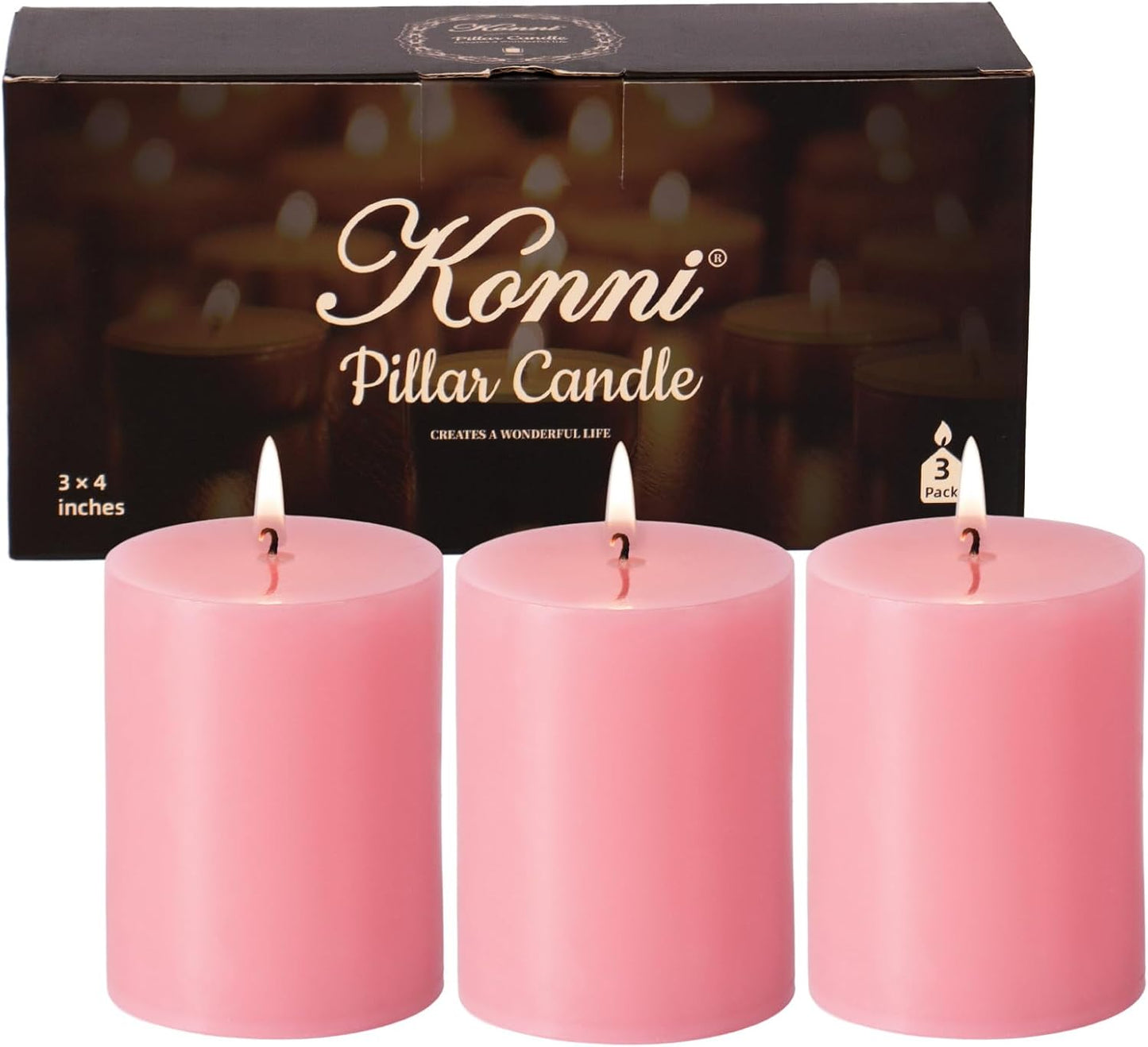 KONNI Pink Pillar Candles Set of 3, 3"x 4" Unscented Pillar Candles Bulk, 39 Hours Long Burning Candles, Smokeless&Dripless Large Round Candle for Wedding, Home Decoration, Parties, Spas, Dinner