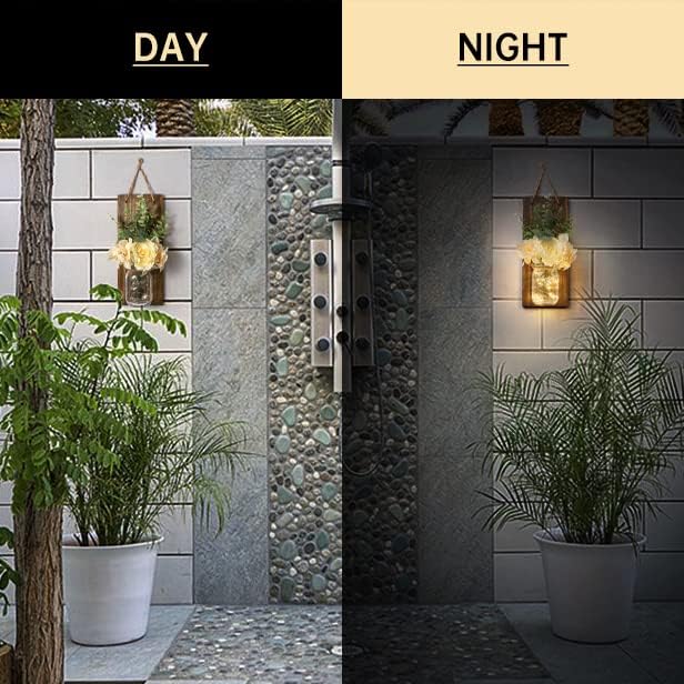 HOMKO Rustic Wall Decor, Mason Jars Wall Sconces, with Remote Control LED Lights and Flowers, Hanging Rural Farmhouse Kitchen Bathroom Bedroom Living Room Home Decor (Set of 2) -Dark Brown