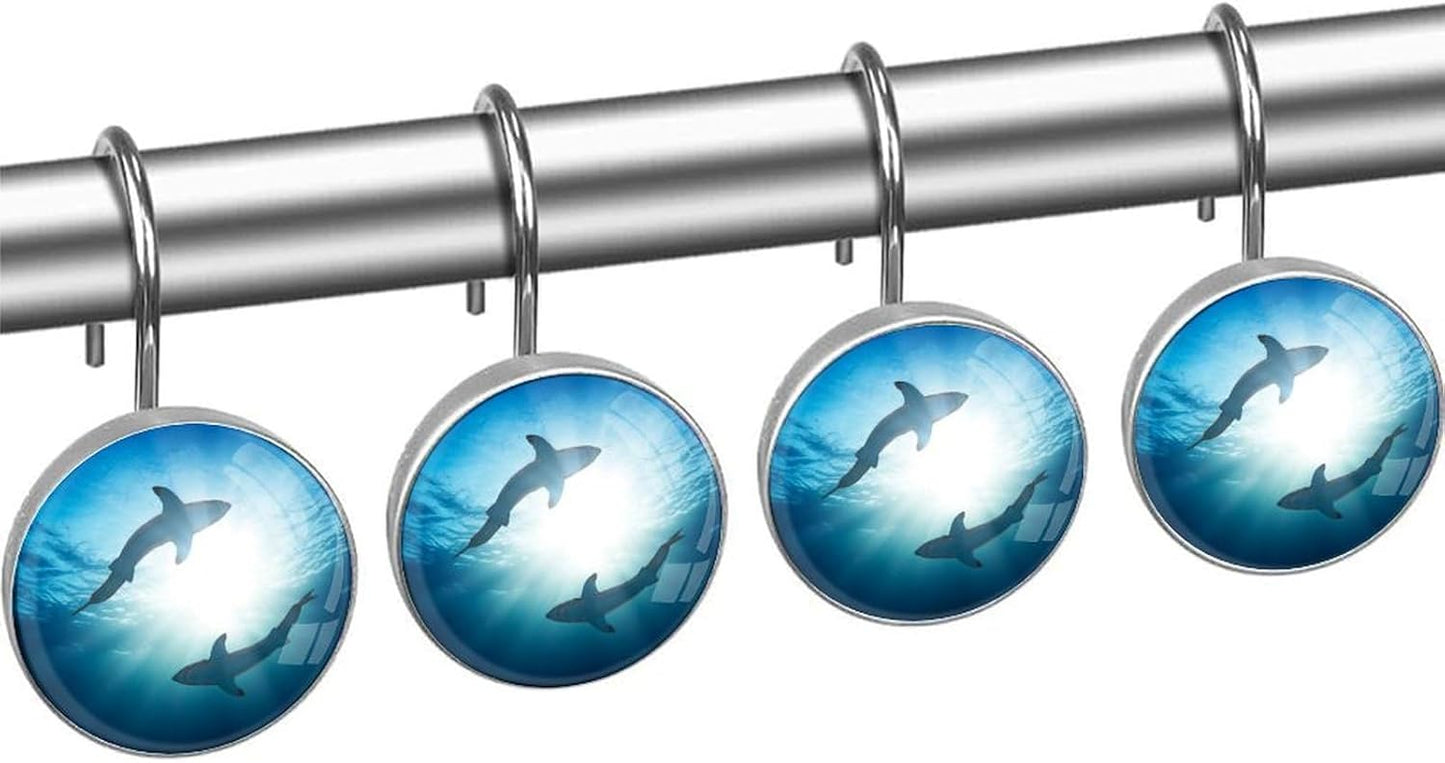 Sharks Shower Curtain Hooks, 12 Pcs Rust Proof Glass Surface Stainless Steel Curtain Rings for Bathroom Bedroom Living Room Kitchen Home Shower Rods Decor