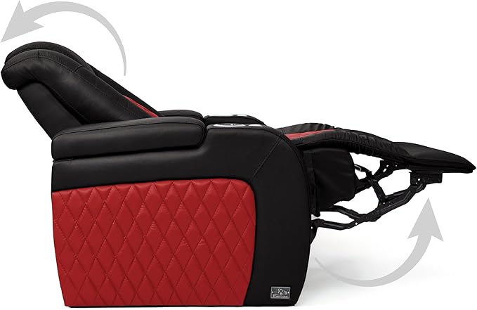 Seatcraft Diamante - Home Theater Seating - Living Room - Power Recline - Italian Leather - Powered Headrests - Cupholders - USB Charging - Ambient Lighting - Arm Storage, Black/Red, Row of 4