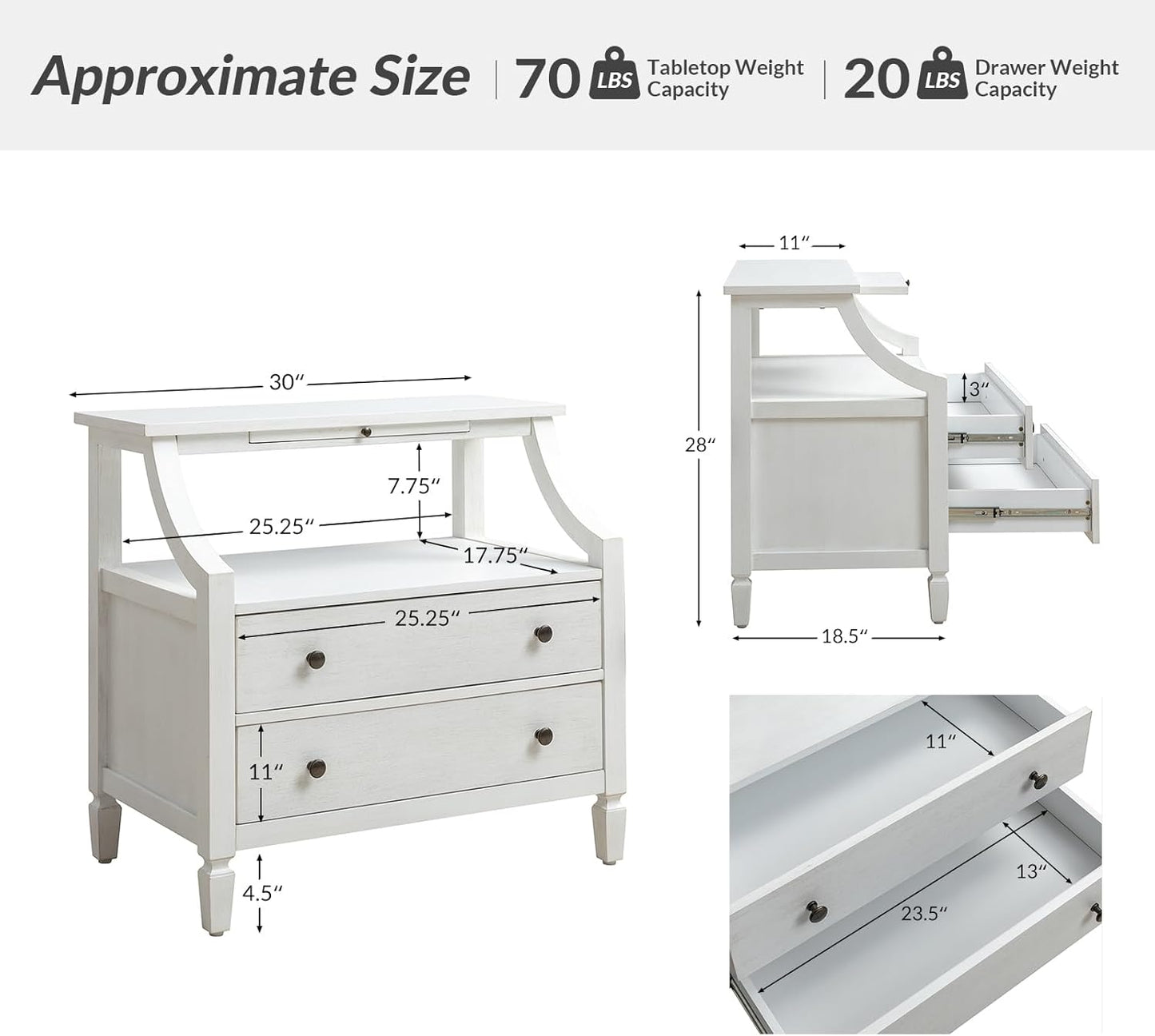 HULALA HOME Large Farmhouse Nightstand Set of 2 with Charging Station, Mid-Century Modern 2 Drawer Dresser, Bedside Table with Pull Out Shelf and Hidden Storage Space for Bedroom, White