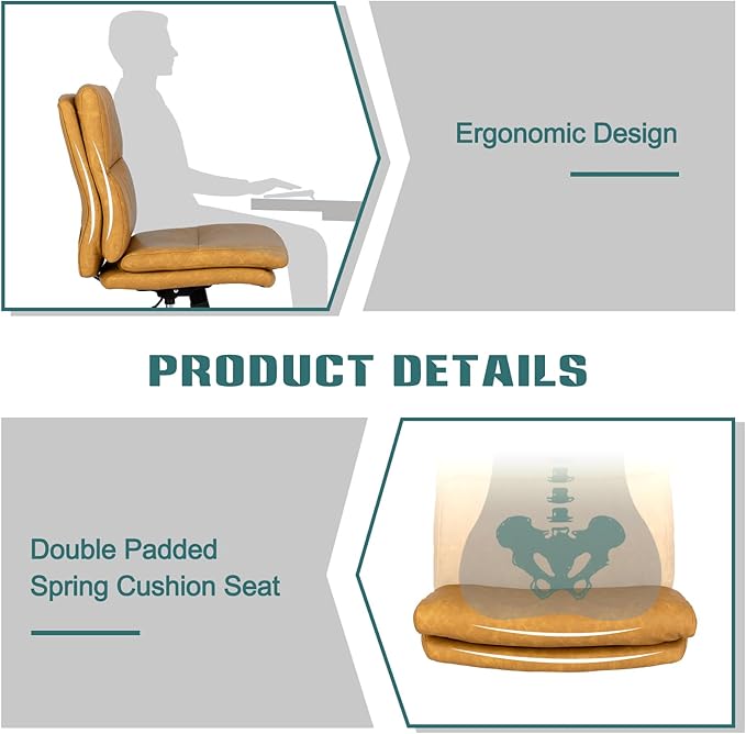 LUCKWIND Armless Office Desk Chair with Wheels, Double Padded PU-Leather Chairs, Mid-Back Criss Cross Swivel Task Chair, Height Adjustable Cushioned Vanity Chair for Home, Office & Bedroom (Yellow)