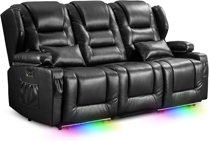 SAMERY Power Loveseat Recliner Sofa with Adjustable Split Back, Multi-Port Charger, Flip-Up Backrest & LED Lighting - Home Theater Seating with Storage, Cup Holders, Black Faux Leather Loveseat
