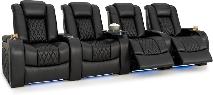 Seatcraft Diamante Zero-Gravity CoolZero Italian Leather Home Theater Seating, Power Headrest, Power Recline, Row of 4, Black