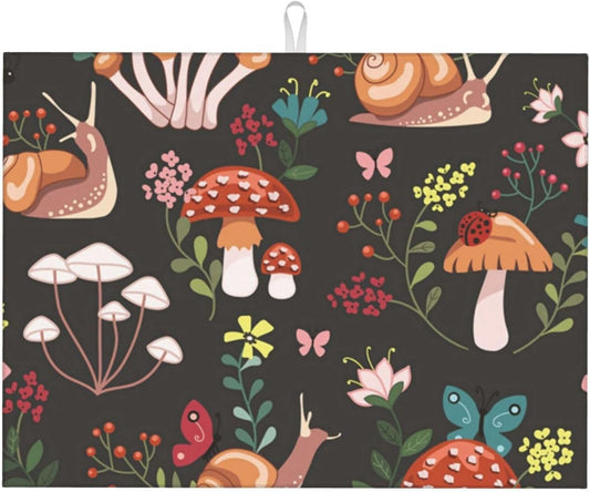 Mushroom Snail Dish Drying Mat 18x24 For Kitchen Counter Absorbent Microfiber Dishes Pad Dish Drainer Rack Mats Fast Dry Kitchen Accessories